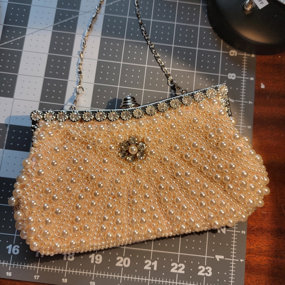 Pearl Beaded Evening Clutch Handbag With Crystal Accents - Cream & Silver